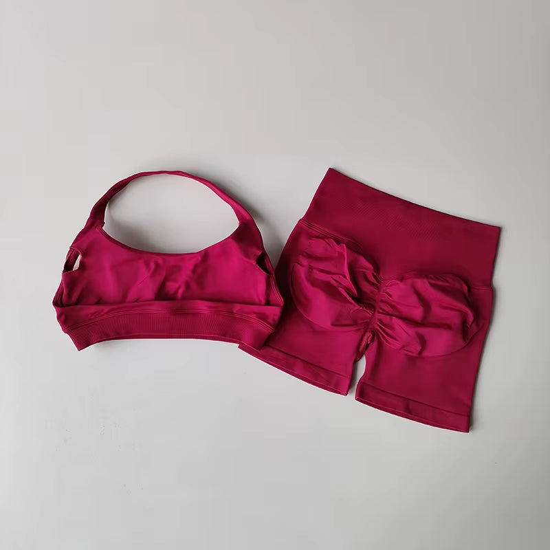Sexy Halter Neck Beautiful Back High Waist Peach Sports Bras Shorts Suit Pilates Gathering Yoga Vest Training Fitness Bra Sets