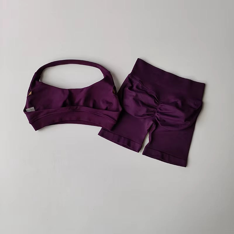 Sexy Halter Neck Beautiful Back High Waist Peach Sports Bras Shorts Suit Pilates Gathering Yoga Vest Training Fitness Bra Sets