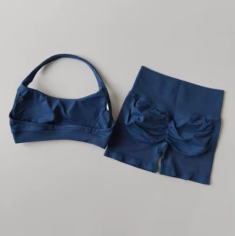 Sexy Halter Neck Beautiful Back High Waist Peach Sports Bras Shorts Suit Pilates Gathering Yoga Vest Training Fitness Bra Sets