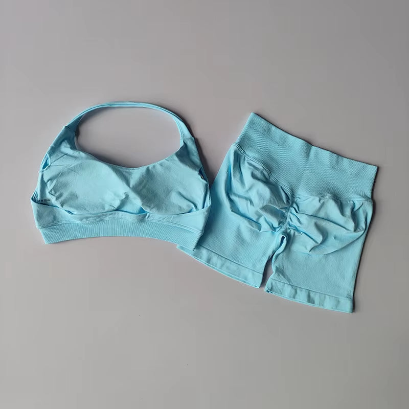 Sexy Halter Neck Beautiful Back High Waist Peach Sports Bras Shorts Suit Pilates Gathering Yoga Vest Training Fitness Bra Sets