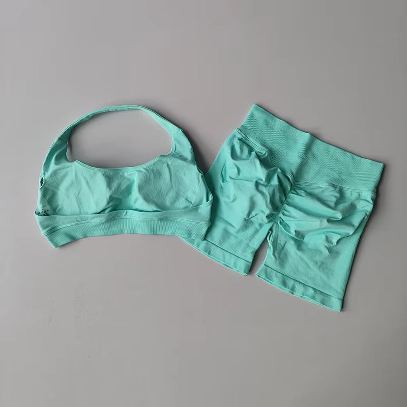 Sexy Halter Neck Beautiful Back High Waist Peach Sports Bras Shorts Suit Pilates Gathering Yoga Vest Training Fitness Bra Sets