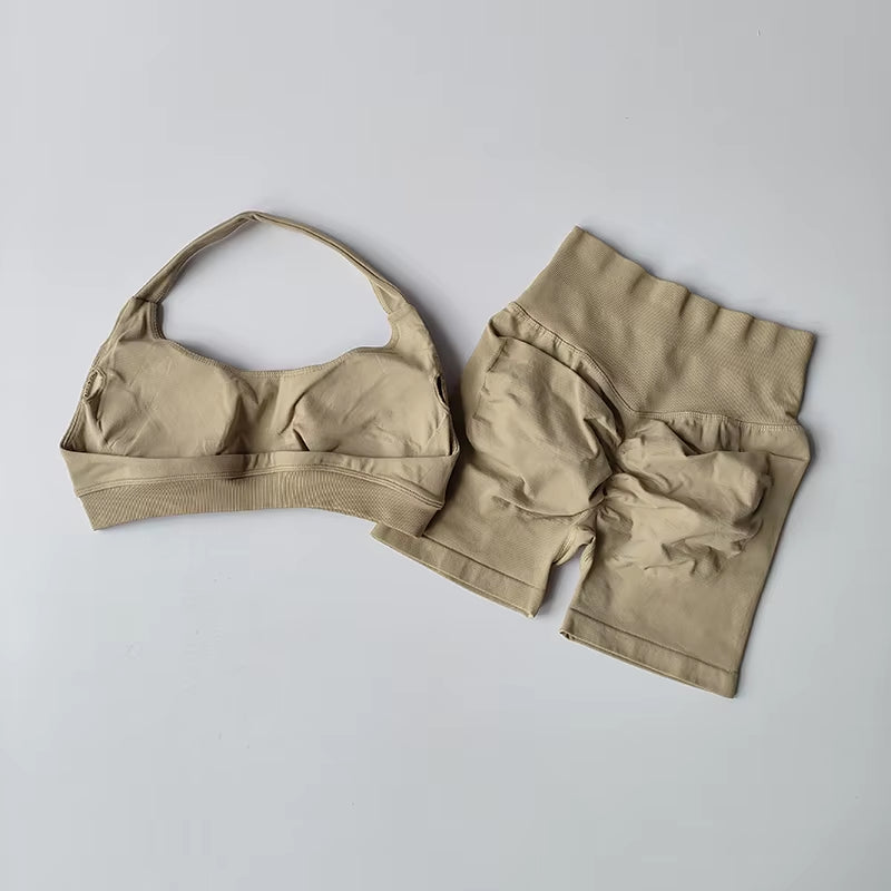 Sexy Halter Neck Beautiful Back High Waist Peach Sports Bras Shorts Suit Pilates Gathering Yoga Vest Training Fitness Bra Sets