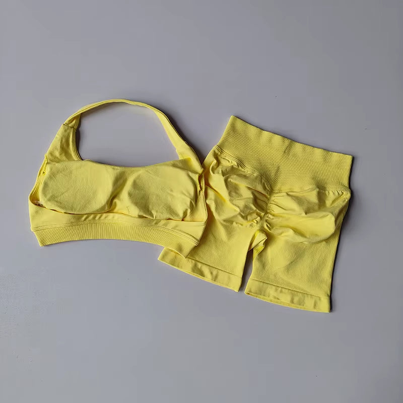 Sexy Halter Neck Beautiful Back High Waist Peach Sports Bras Shorts Suit Pilates Gathering Yoga Vest Training Fitness Bra Sets