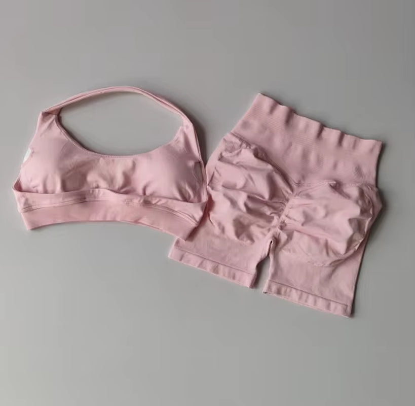 Sexy Halter Neck Beautiful Back High Waist Peach Sports Bras Shorts Suit Pilates Gathering Yoga Vest Training Fitness Bra Sets