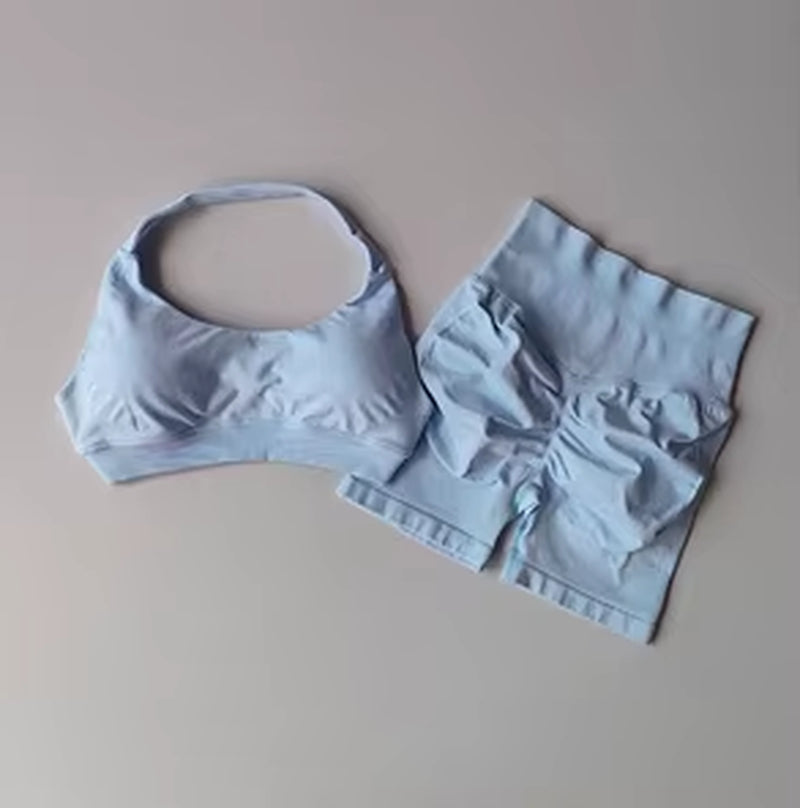 Sexy Halter Neck Beautiful Back High Waist Peach Sports Bras Shorts Suit Pilates Gathering Yoga Vest Training Fitness Bra Sets