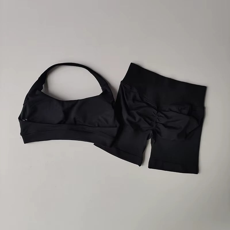 Sexy Halter Neck Beautiful Back High Waist Peach Sports Bras Shorts Suit Pilates Gathering Yoga Vest Training Fitness Bra Sets